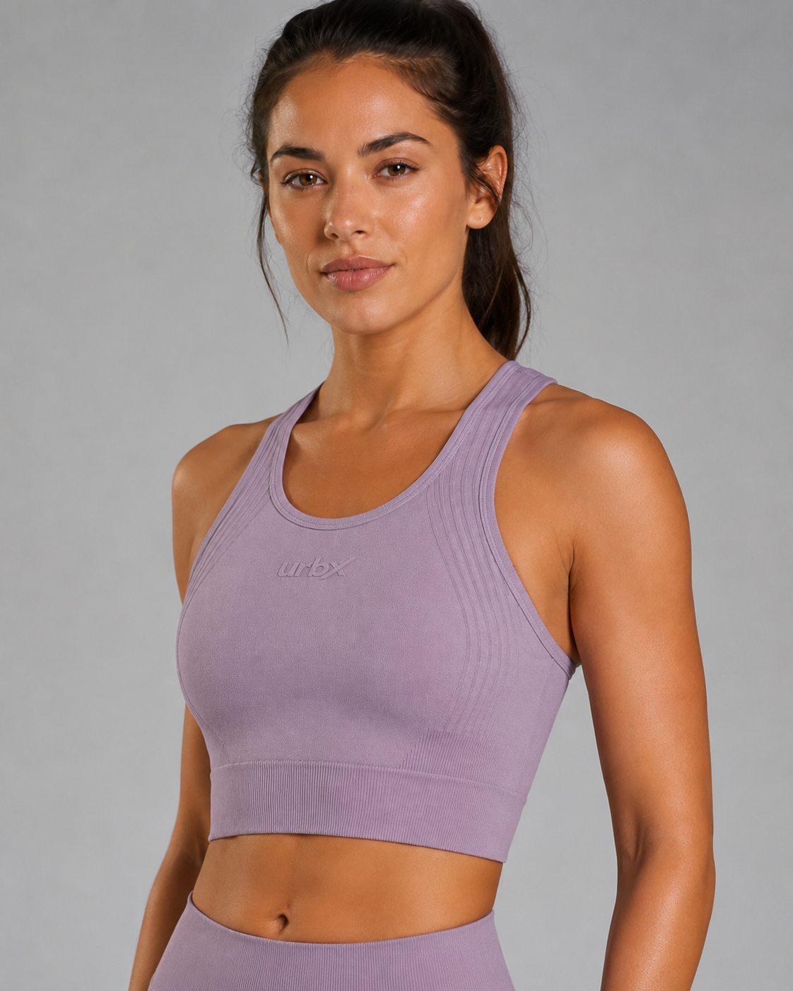 URBX Seamless Ribbed Racerback Crop Tank Dusty Mauve - Side angle view