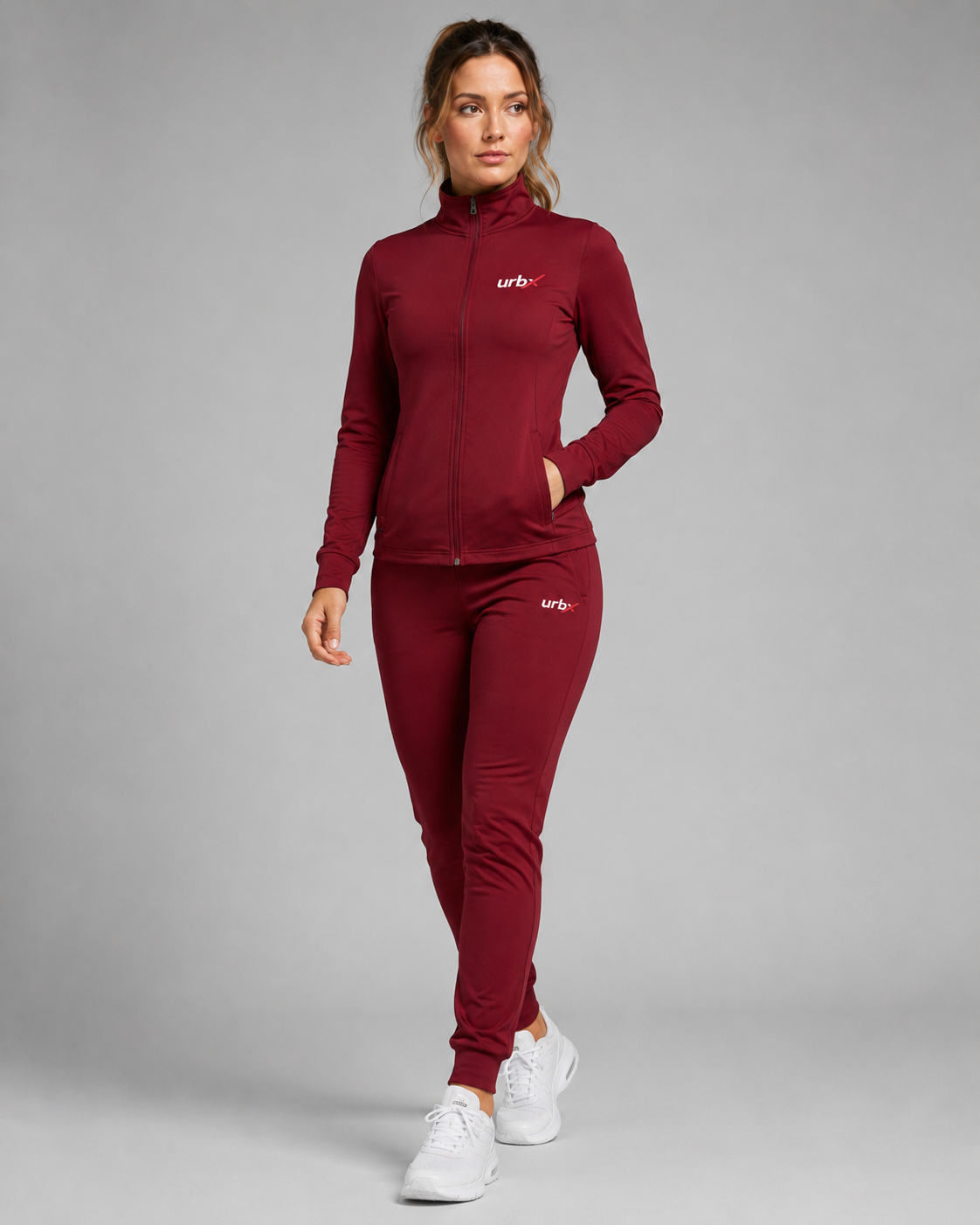 URBX Signature Tracksuit Burgundy – Front walking view