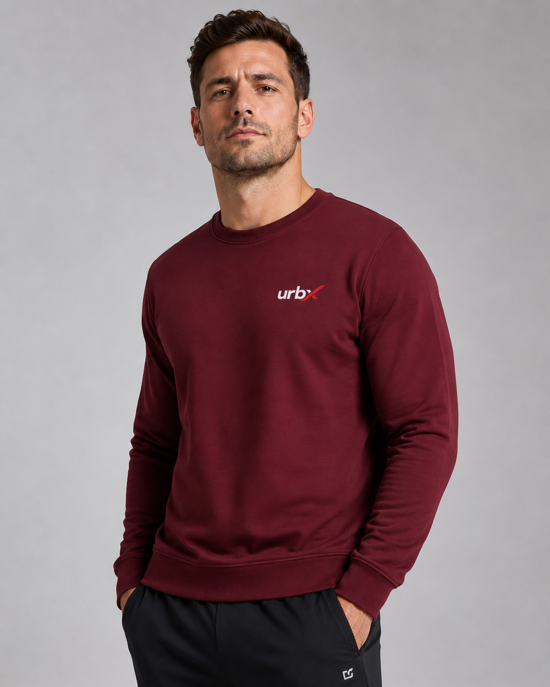 URBX Essential Crewneck Sweatshirt Burgundy – Front angle view
