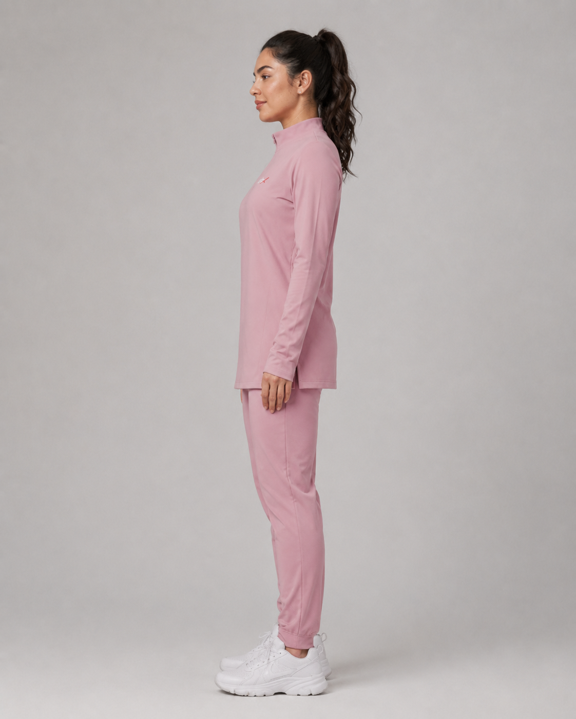 URBX Modest Quarter-Zip Training Set Blush Pink - Side profile left full body