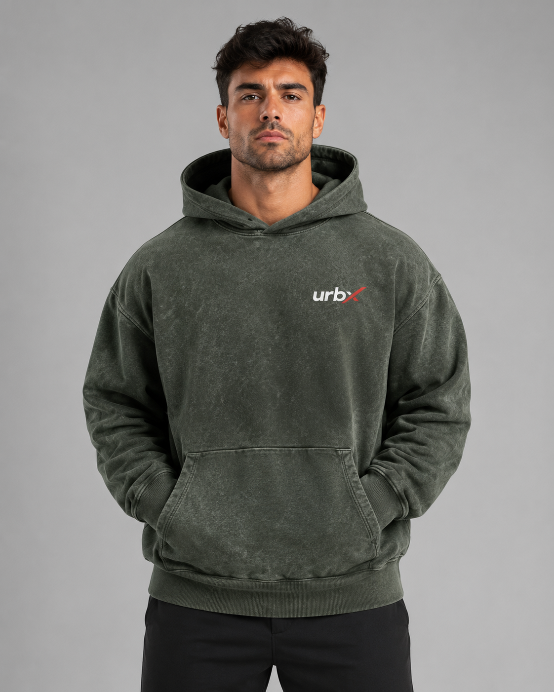 URBX Washed Oversized Hoodie Olive - Front view