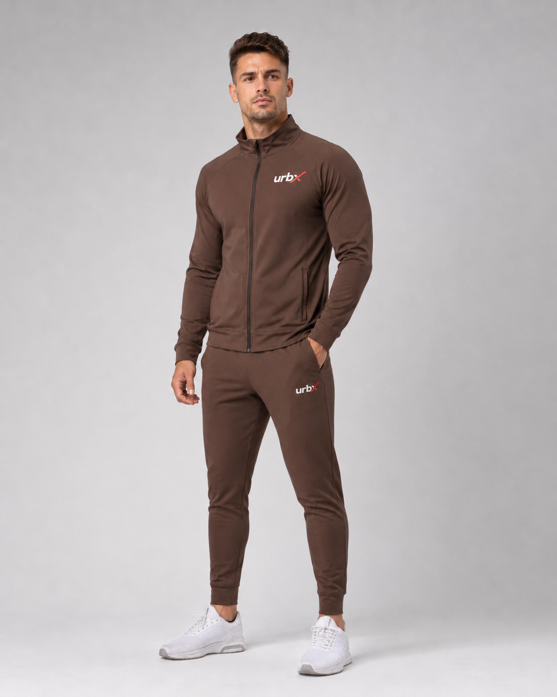 URBX Signature Tracksuit Brown – Front angle view