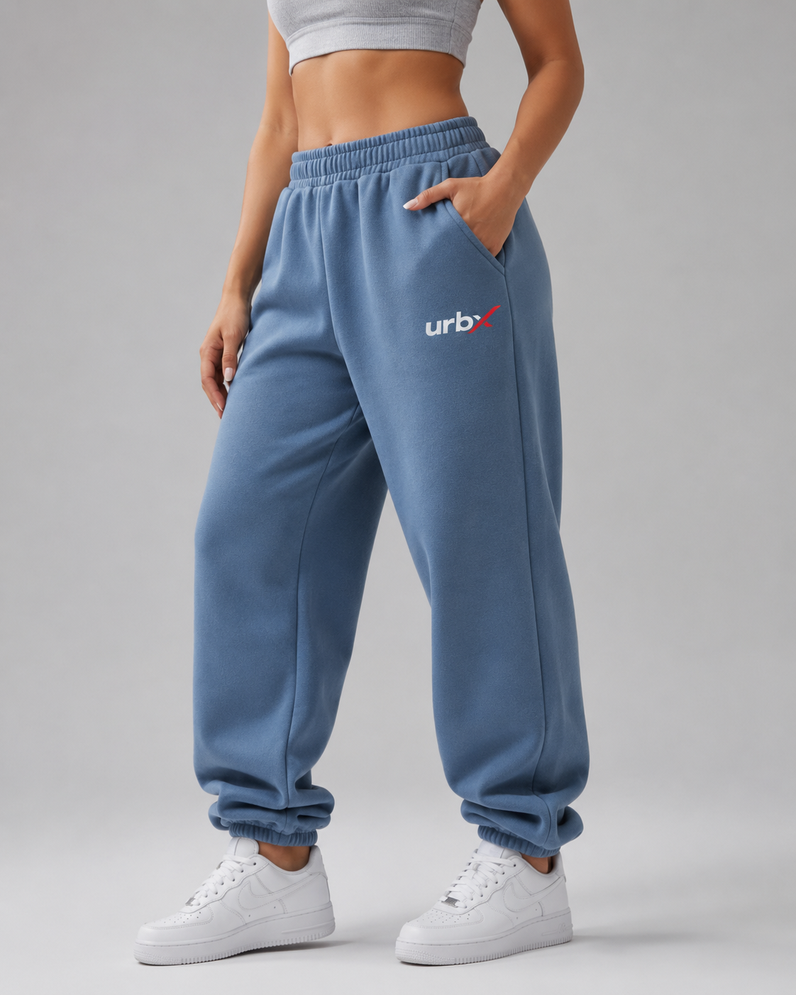 URBX Oversized Fleece Joggers Steel Blue - Side angle left hand in pocket