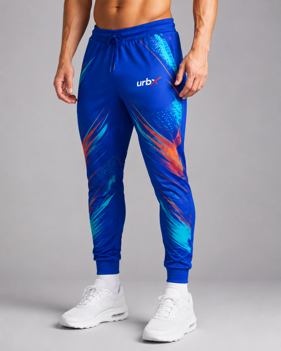 URBX Graphic Performance Joggers Royal Blue – Front angle view 2