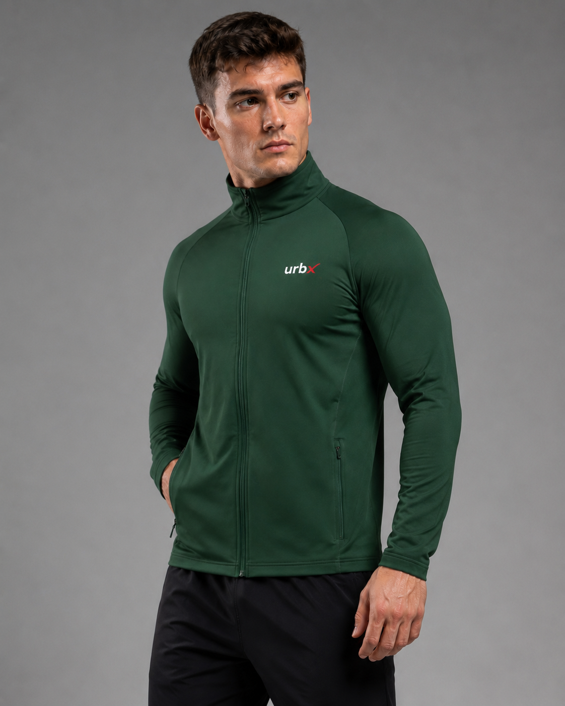 URBX Elite Full-Zip Jacket Forest Green - Three Quarter Angled View