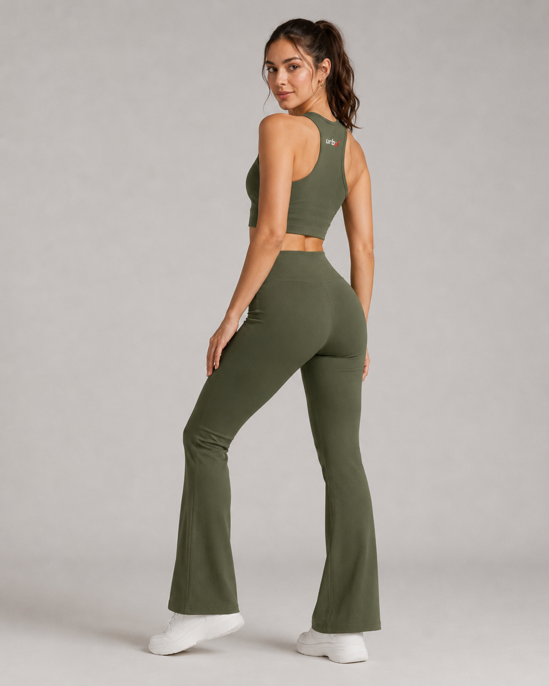 URBX Ribbed Co-Ord Set Olive Green - Back three quarter angle