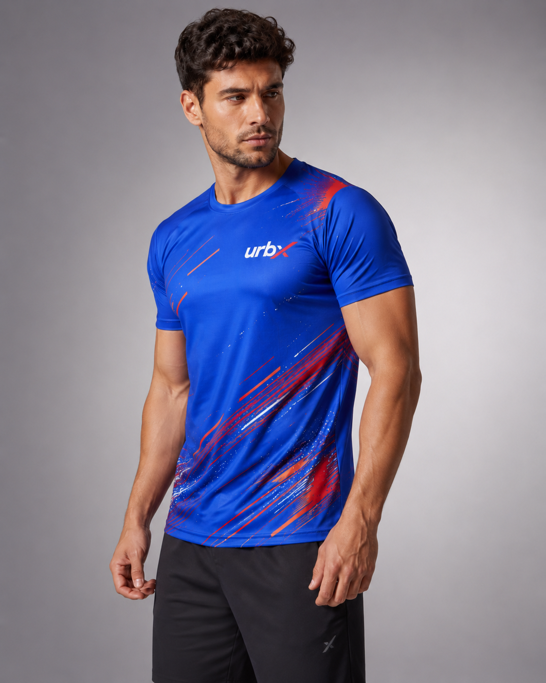 URBX Graphic Performance Tee Electric Blue – Front close-up view