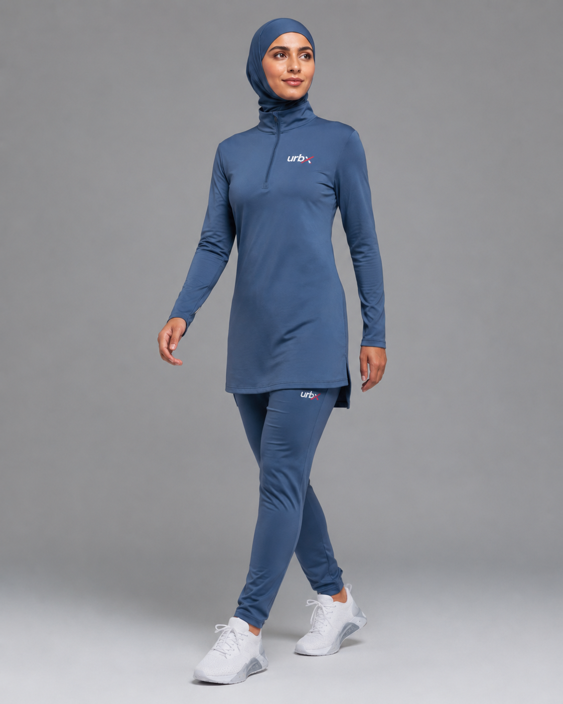 URBX Modest Activewear Set Steel Blue – Walking front view