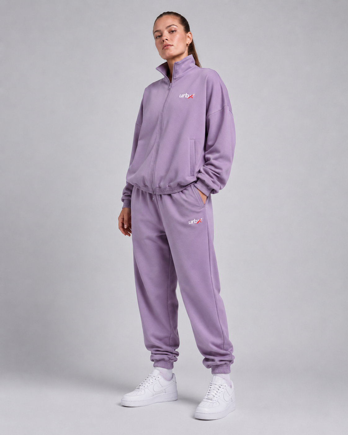 URBX Oversized Tracksuit Lavender - Side profile left hand in pocket
