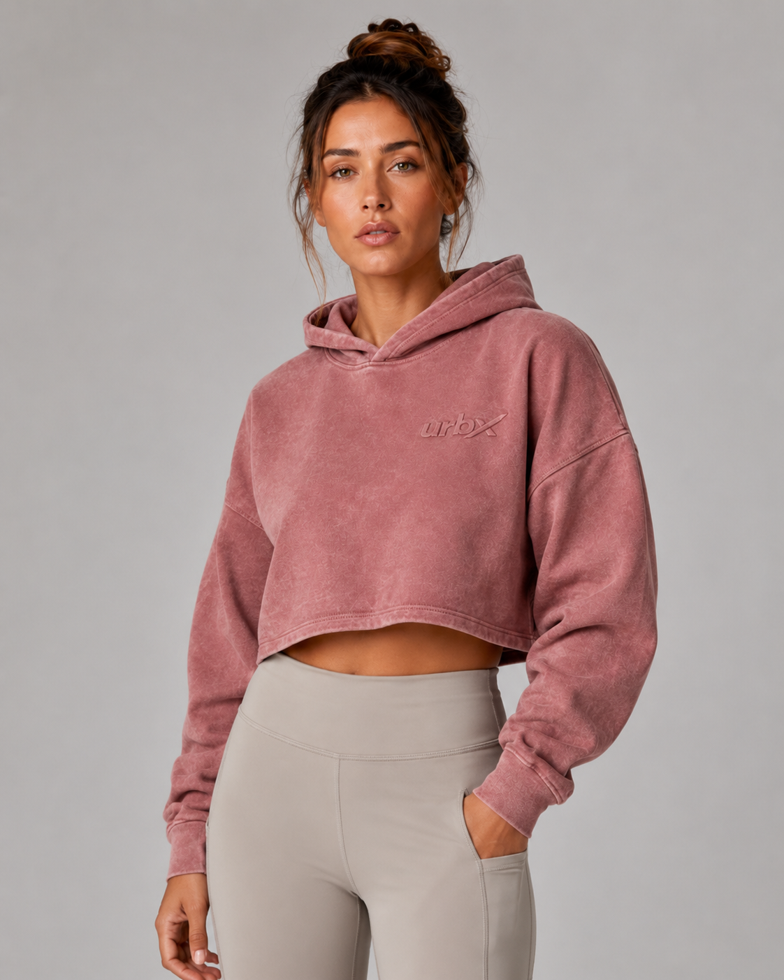 URBX Washed Cropped Oversized Hoodie Dusty Rose - Front angle close-up