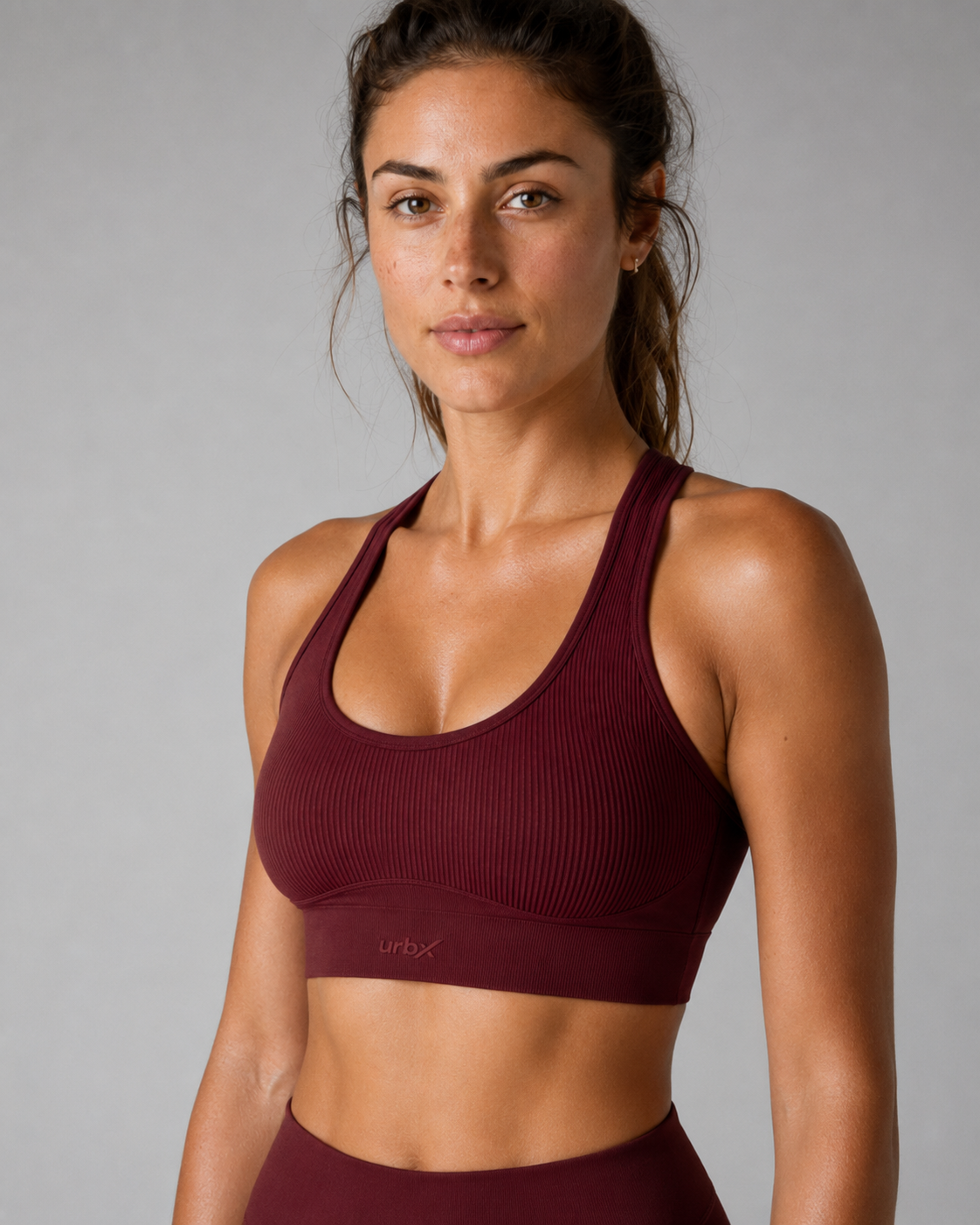 URBX Seamless Ribbed Racerback Sports Bra Burgundy - Front angle view 3