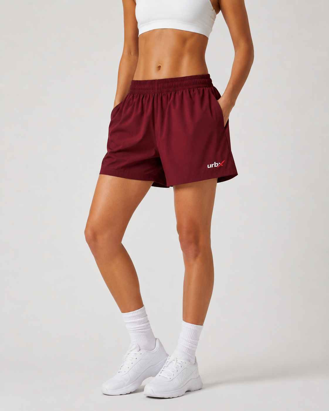URBX High-Waist Training Shorts Burgundy – Front angle view