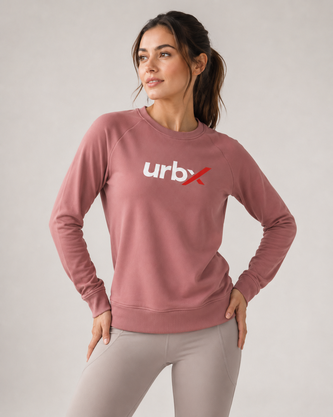 URBX Signature Crew Neck Sweatshirt Dusty Rose - Hands on Hips Front