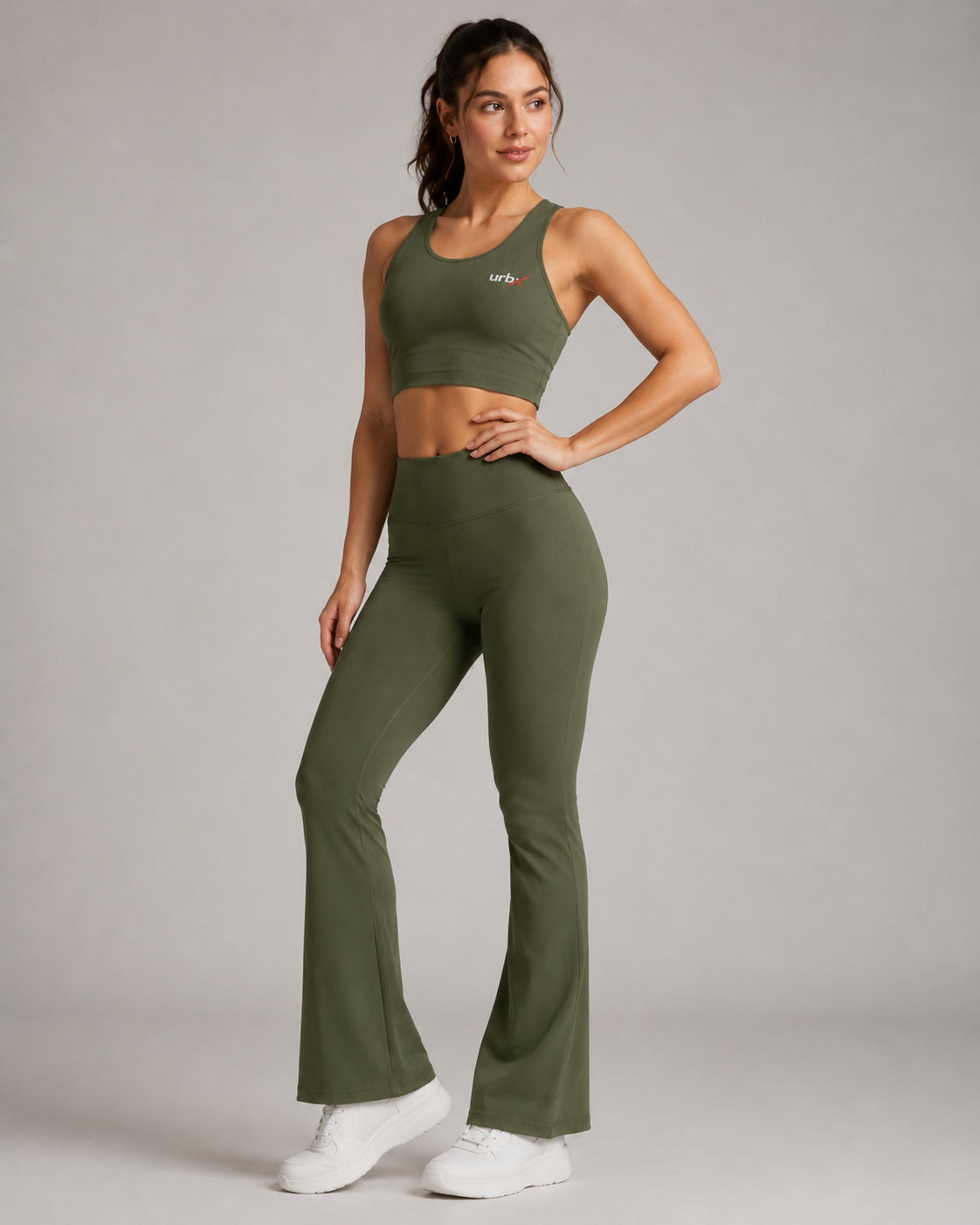 URBX Ribbed Co-Ord Set Olive Green - Front hand on hip pose