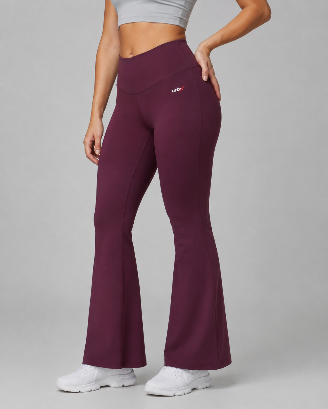 URBX High Waist Flare Leggings Deep Plum - Side angle hand on hip
