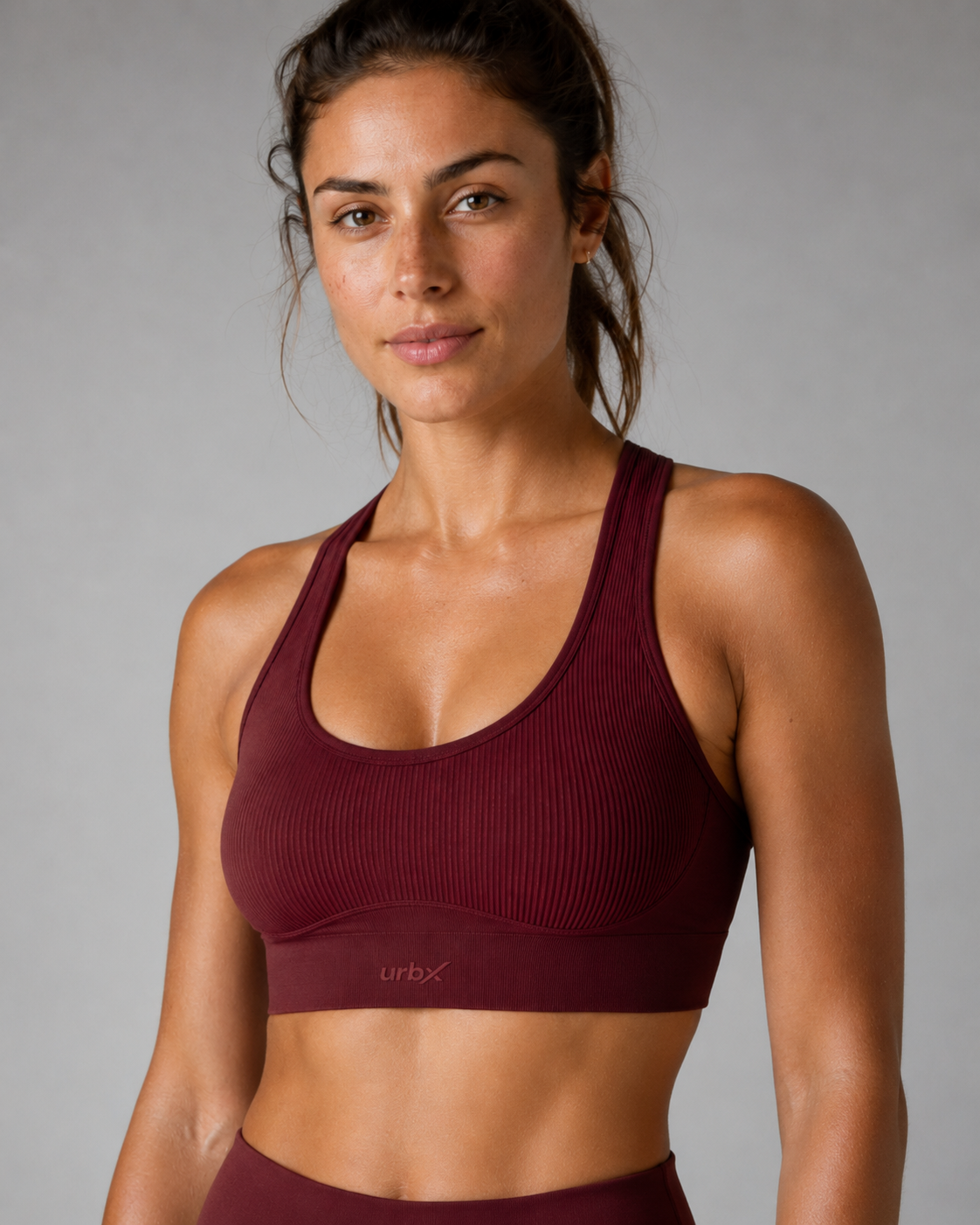 URBX Seamless Ribbed Racerback Sports Bra Burgundy - Front angle view 2