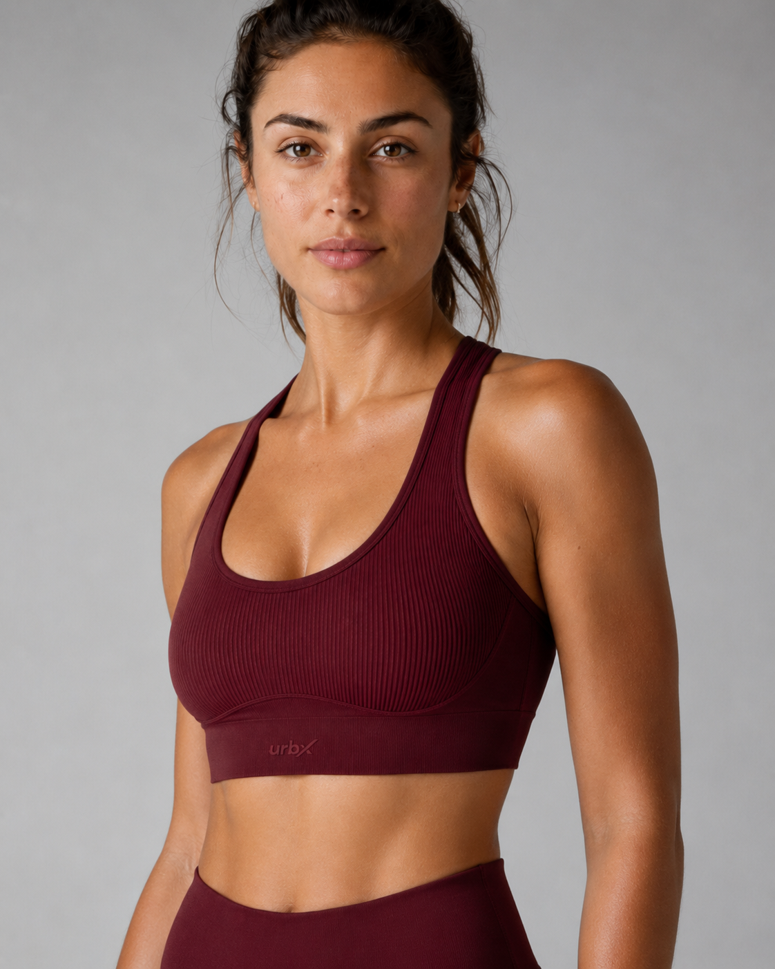 URBX Seamless Ribbed Racerback Sports Bra Burgundy - Front angle view 4