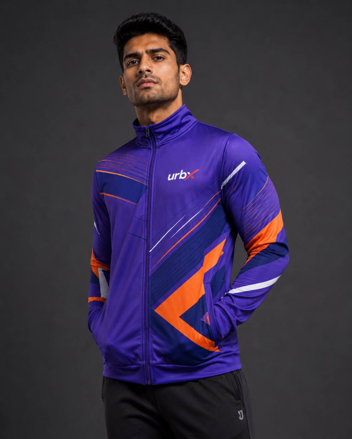 URBX Graphic Performance Outerwear Jacket Electric Purple – Front angle view