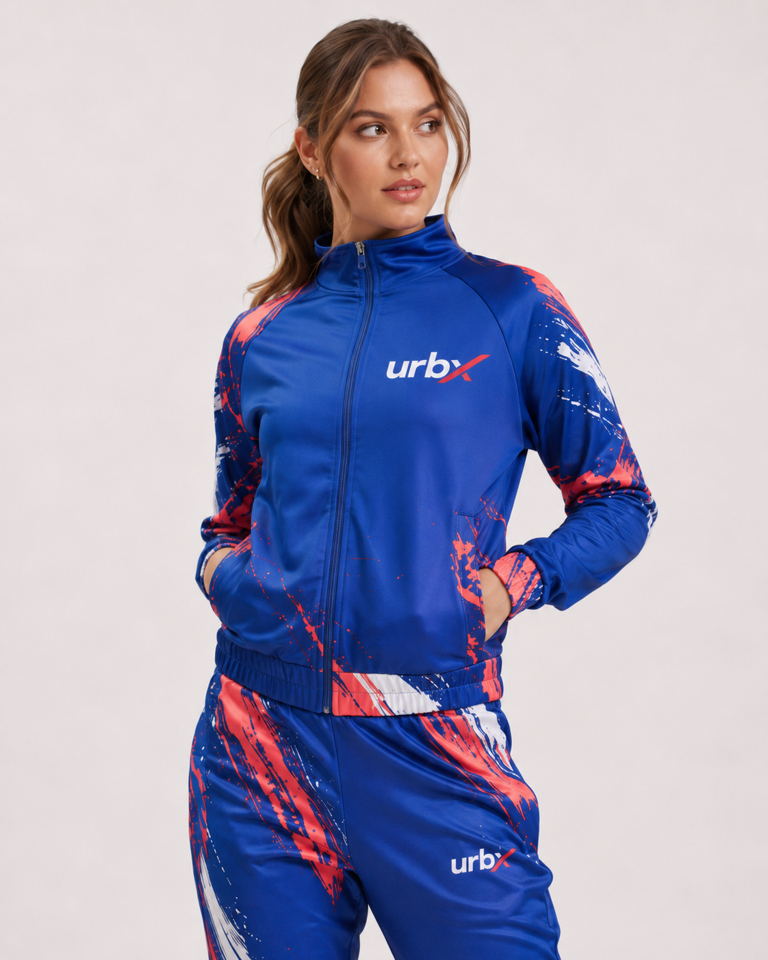 URBX Graphic Performance Tracksuit Royal Blue – Jacket close-up front view