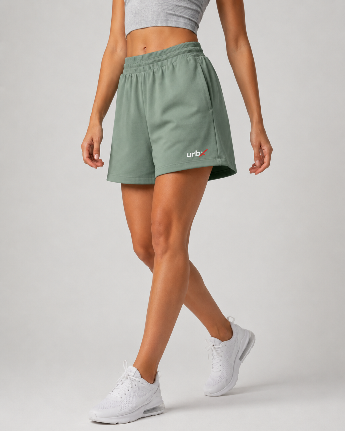 URBX Oversized Training Shorts Sage Green - Walking front angle