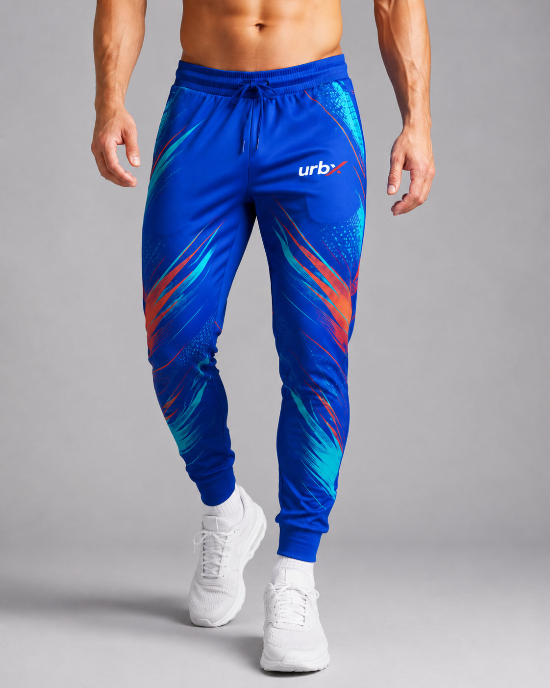 URBX Graphic Performance Joggers Royal Blue – Front walking view