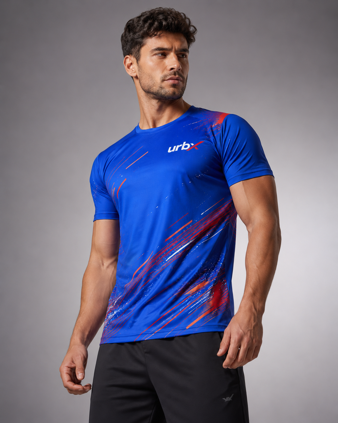 URBX Graphic Performance Tee Electric Blue – Front pose view