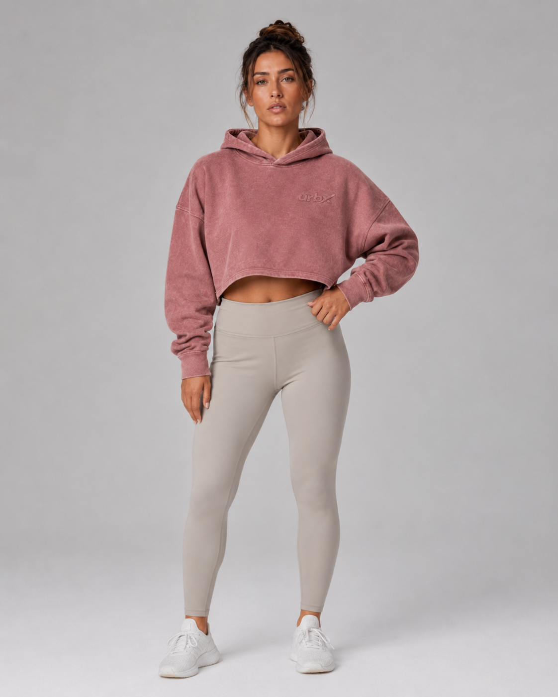 URBX Washed Cropped Oversized Hoodie Dusty Rose - Full body front view with leggings