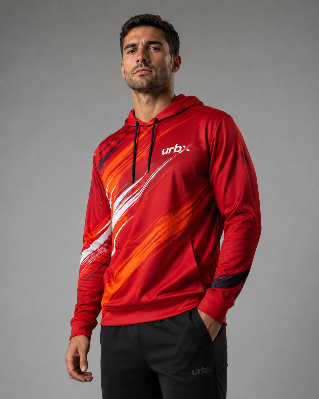 URBX Graphic Performance Hoodie Red – Front relaxed view