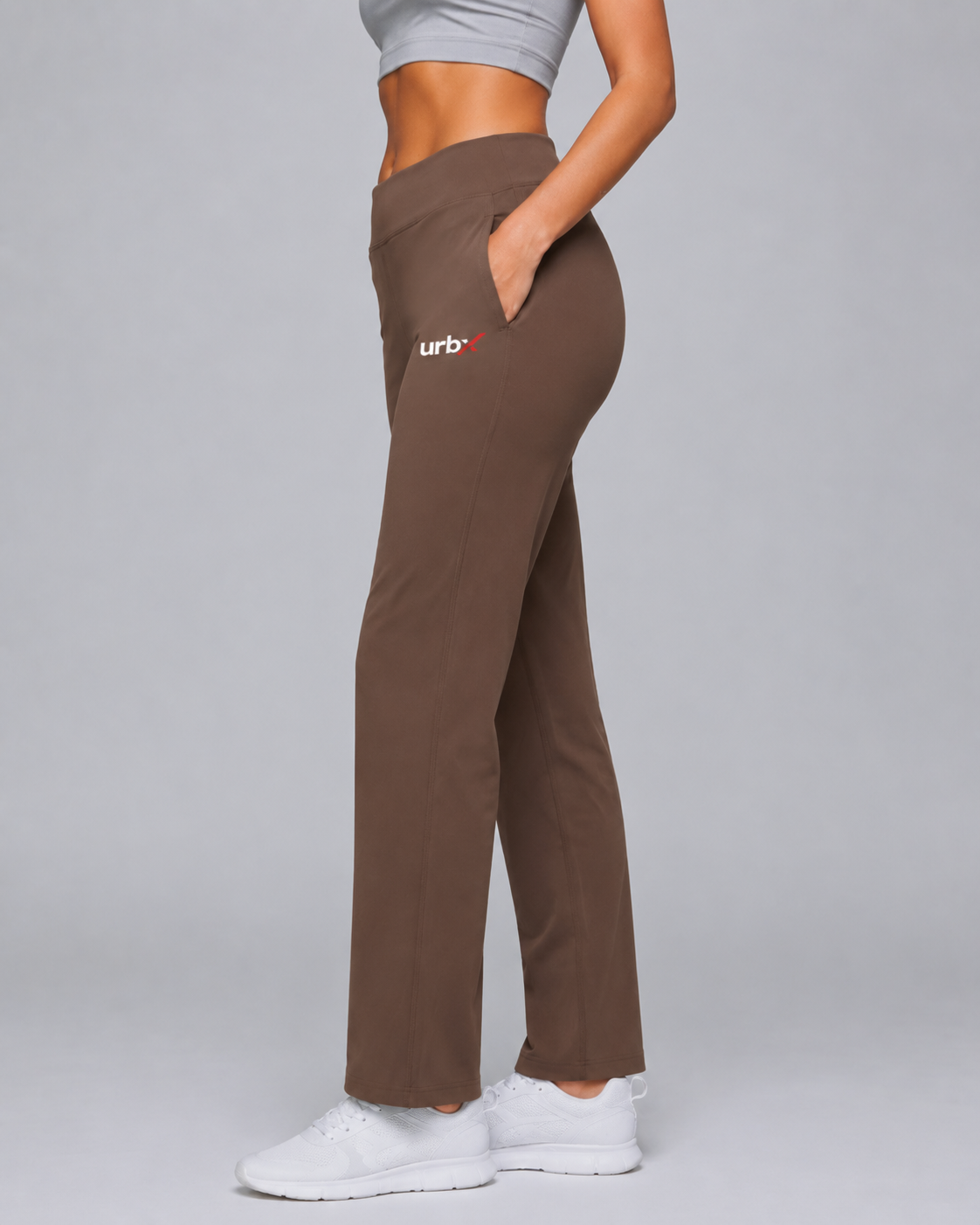 URBX High Waist Straight Leg Pants Mocha - Side profile right hand in pocket