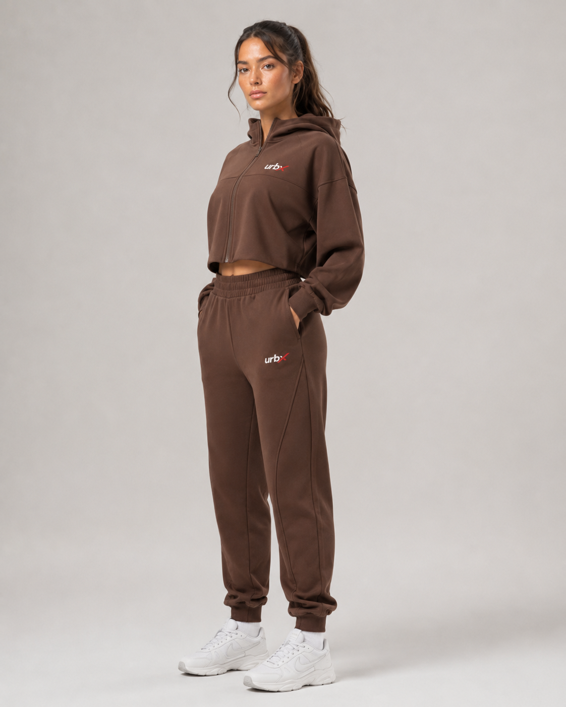 URBX Cropped Zip-Up Tracksuit Dark Chocolate - Side view full body