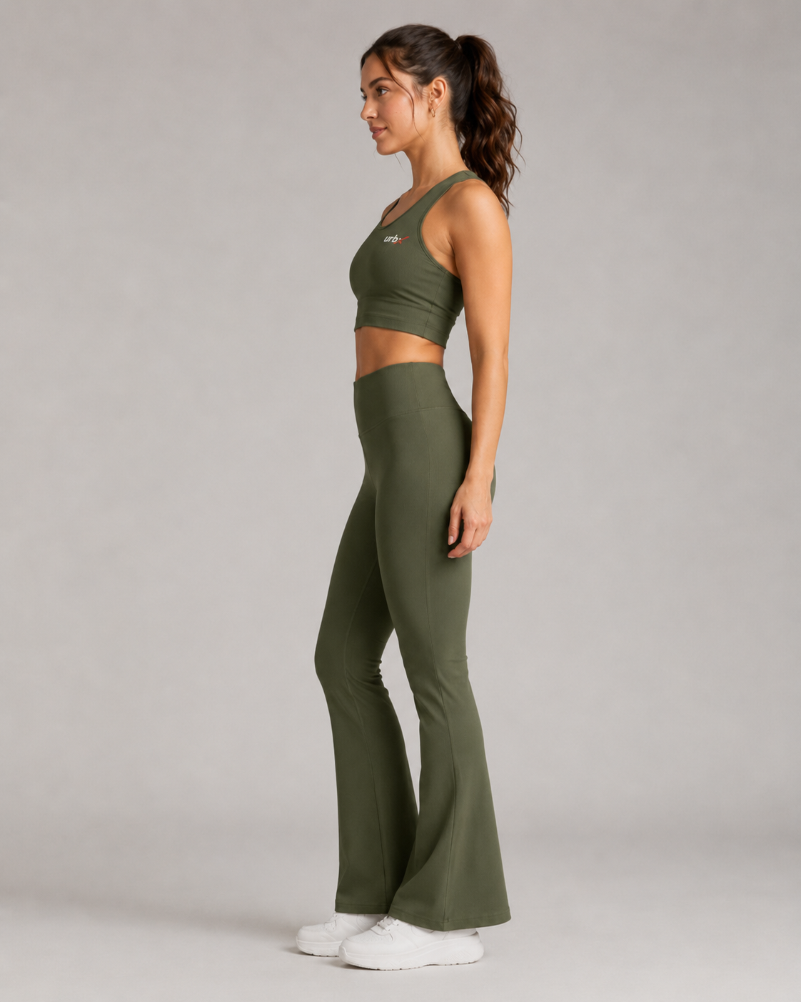 URBX Ribbed Co-Ord Set Olive Green - Side profile full body