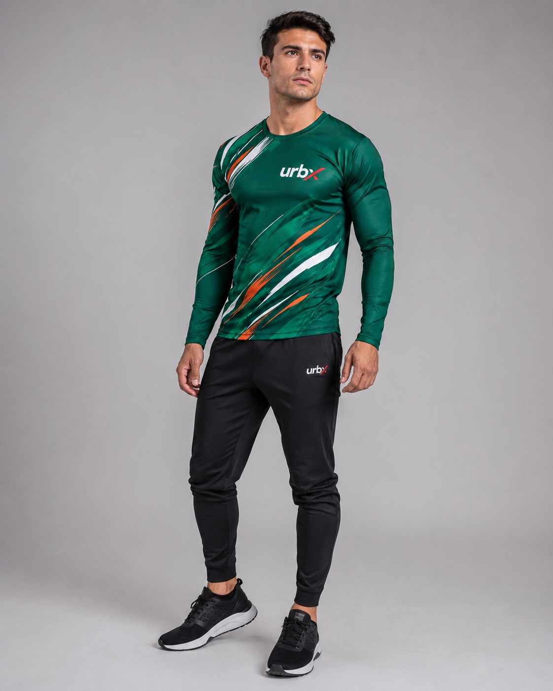 URBX Graphic Performance Long Sleeve Top Forest Green – Front full-length view 1
