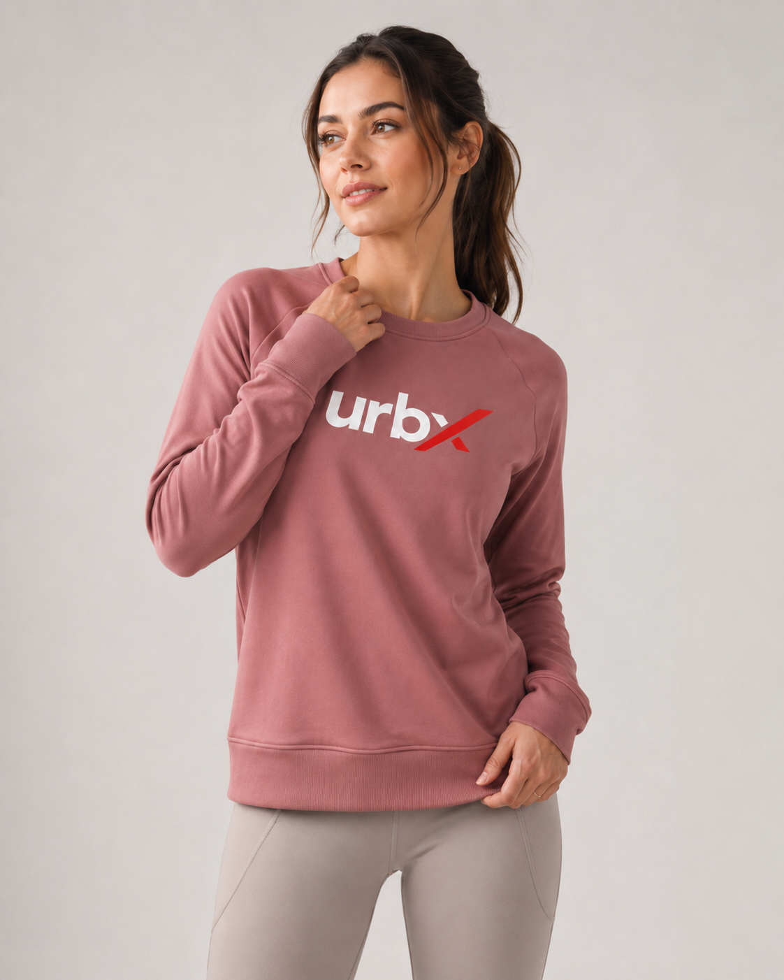 URBX Signature Crew Neck Sweatshirt Dusty Rose - Close Up Three Quarter View