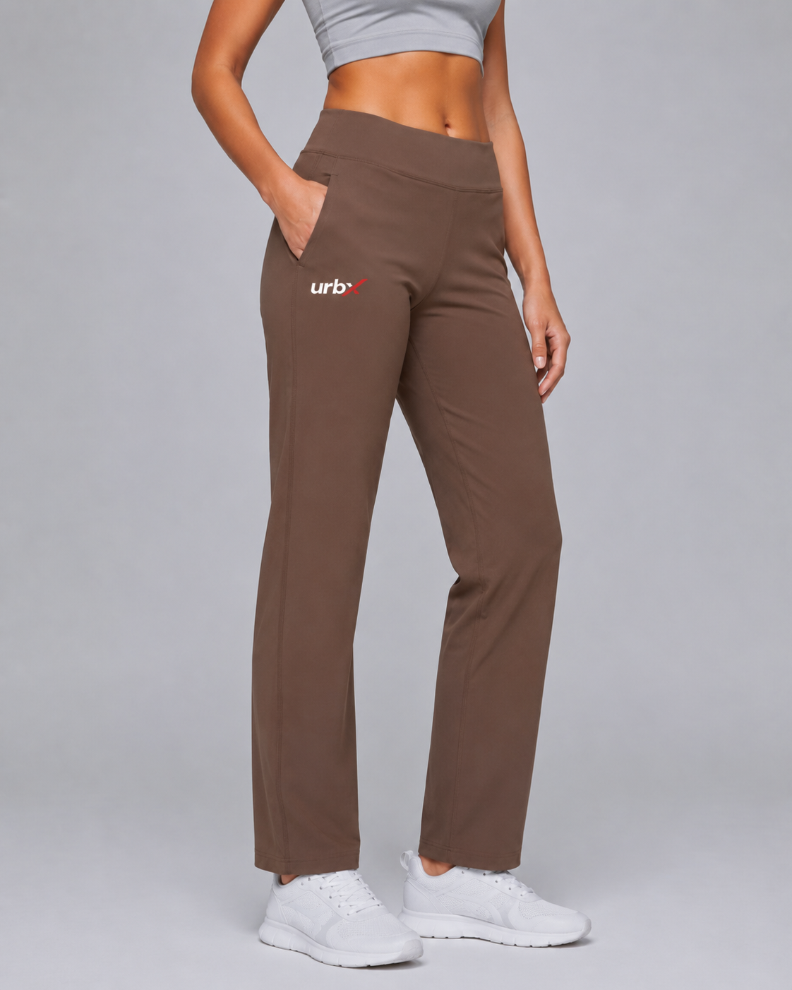 URBX High Waist Straight Leg Pants Mocha - Side angle right walking