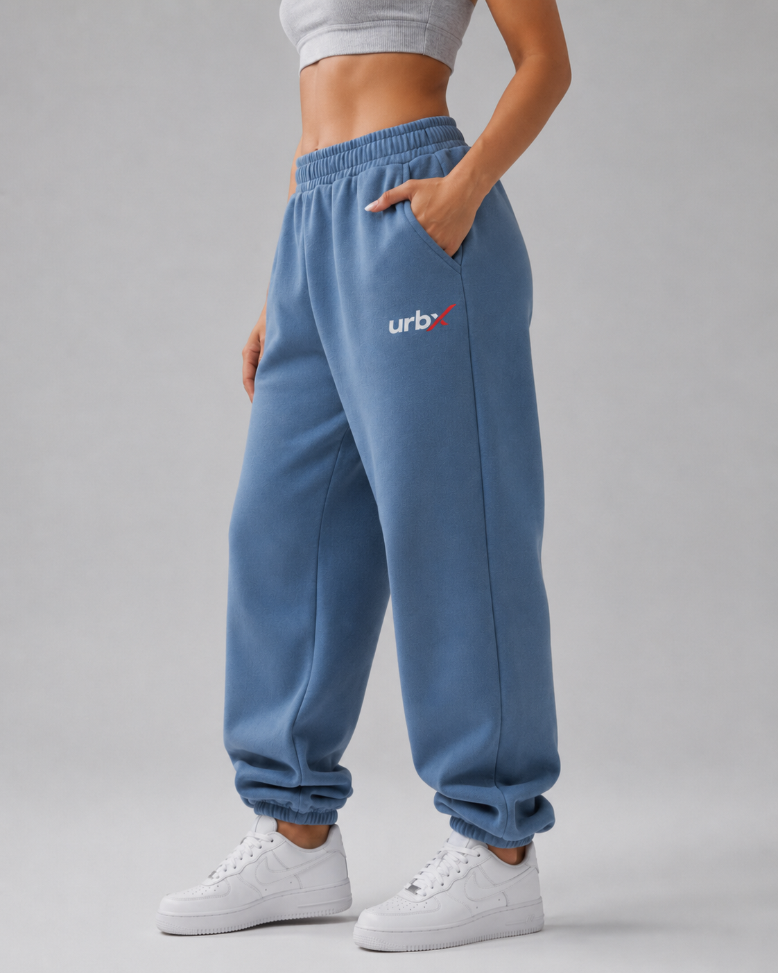 URBX Oversized Fleece Joggers Steel Blue - Side angle right hand in pocket