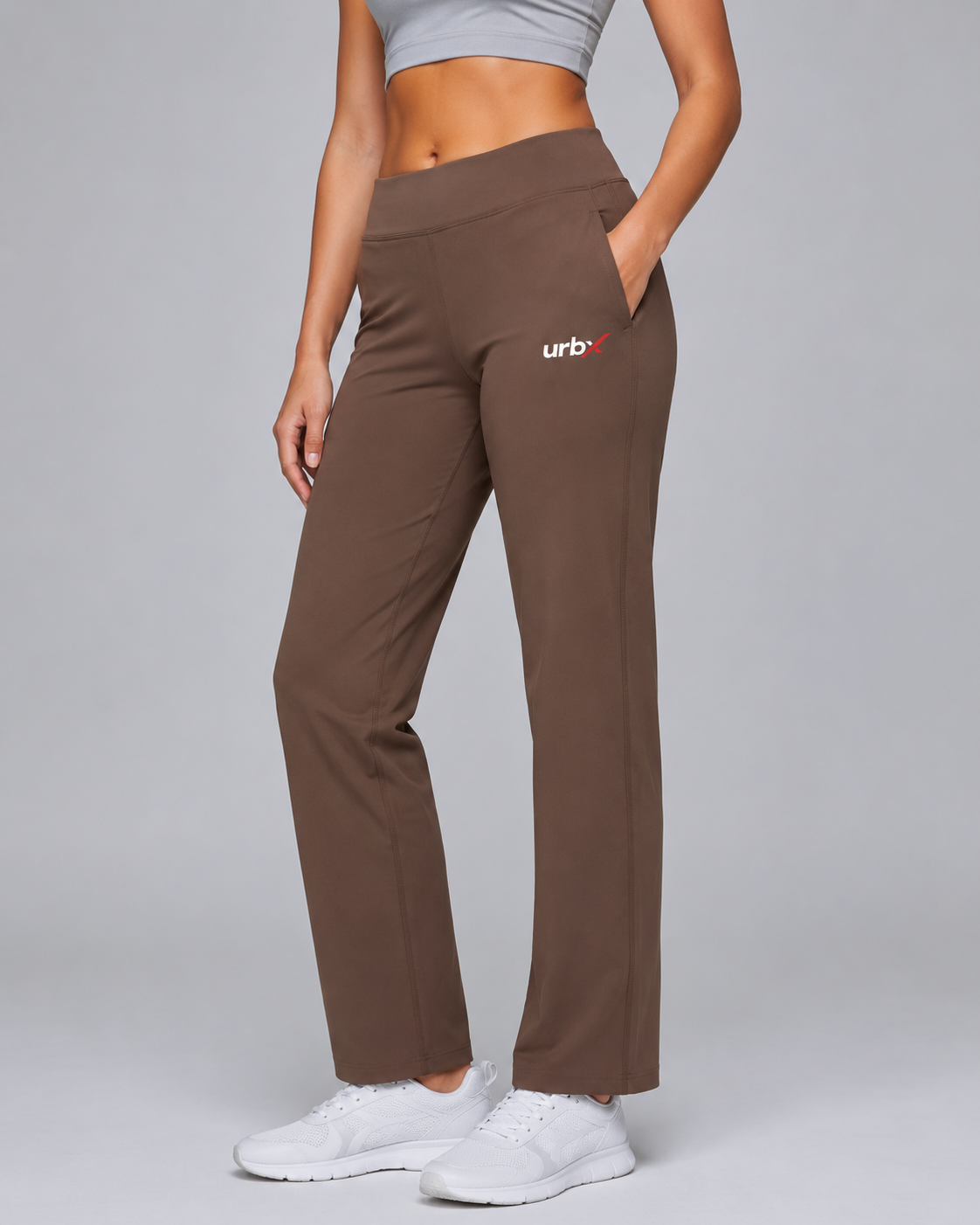 URBX High Waist Straight Leg Pants Mocha - Side angle left hand in pocket