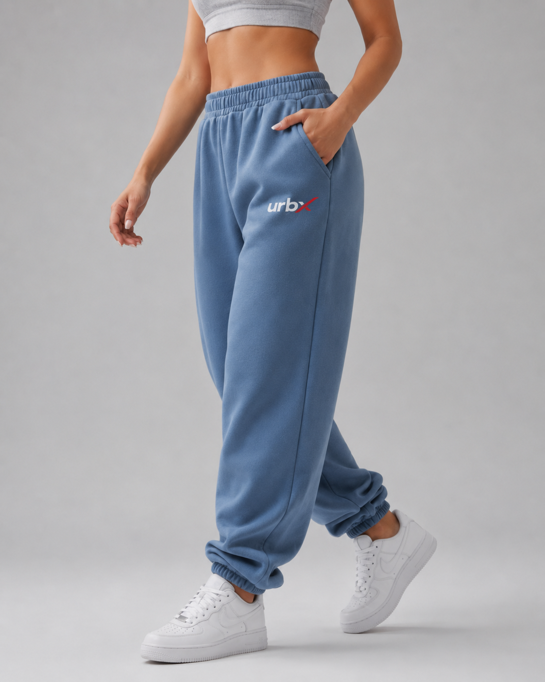 URBX Oversized Fleece Joggers Steel Blue - Walking front angle