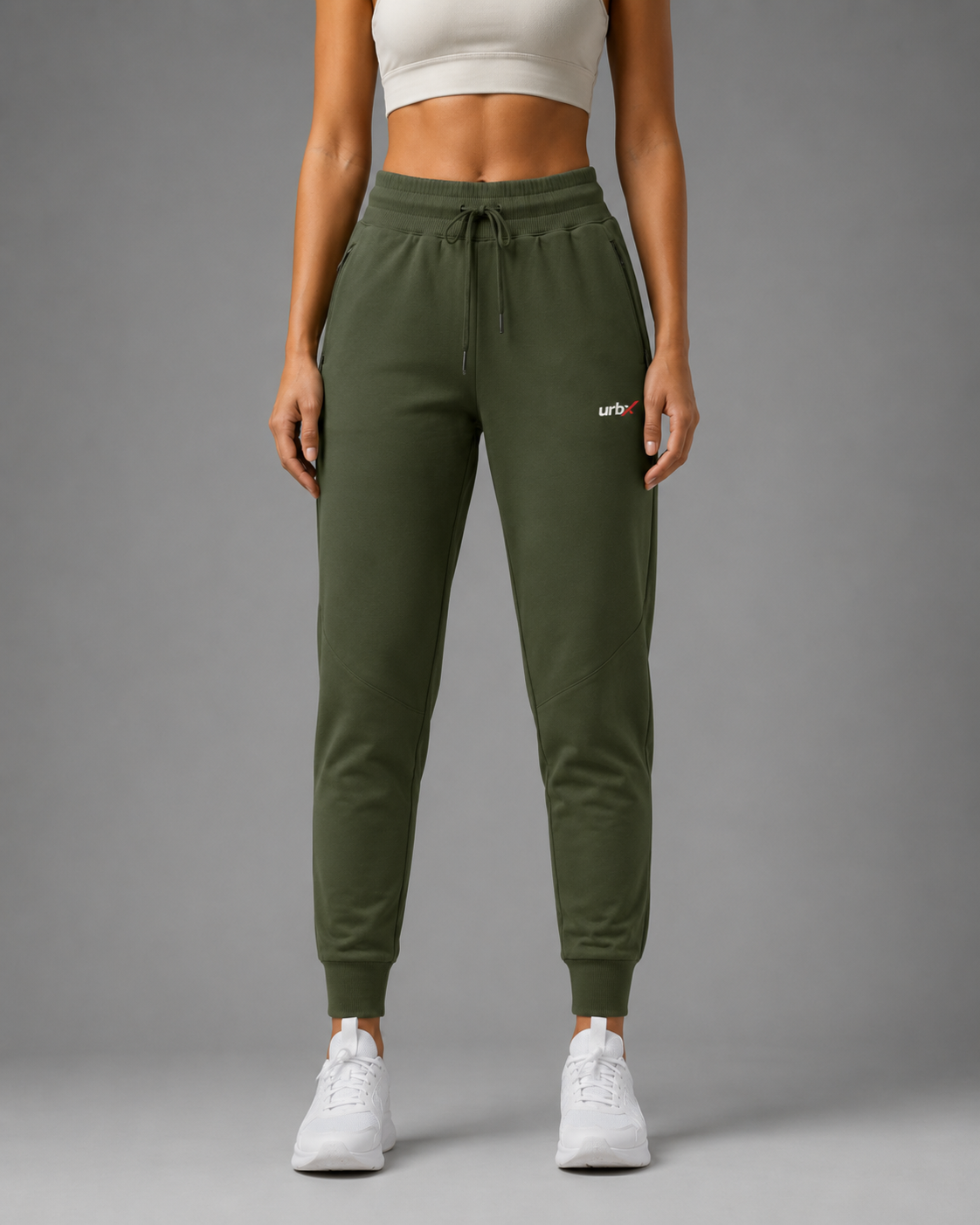URBX Women Tapered Training Pants Olive - Seated Editorial View
