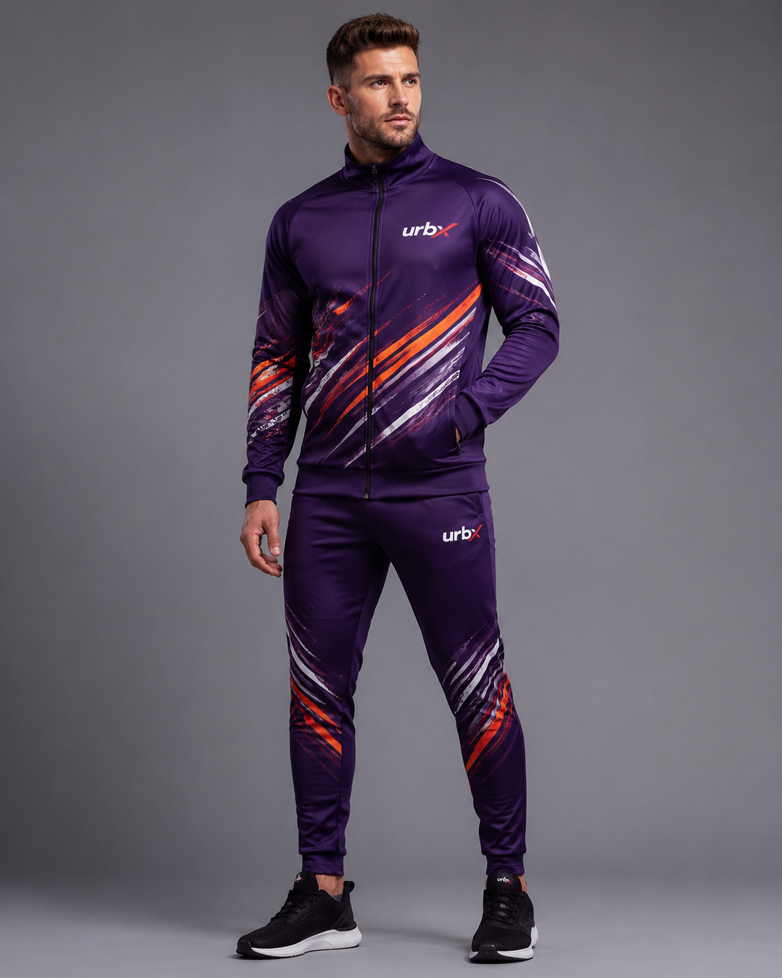 URBX Graphic Performance Tracksuit Deep Purple – Front angle view