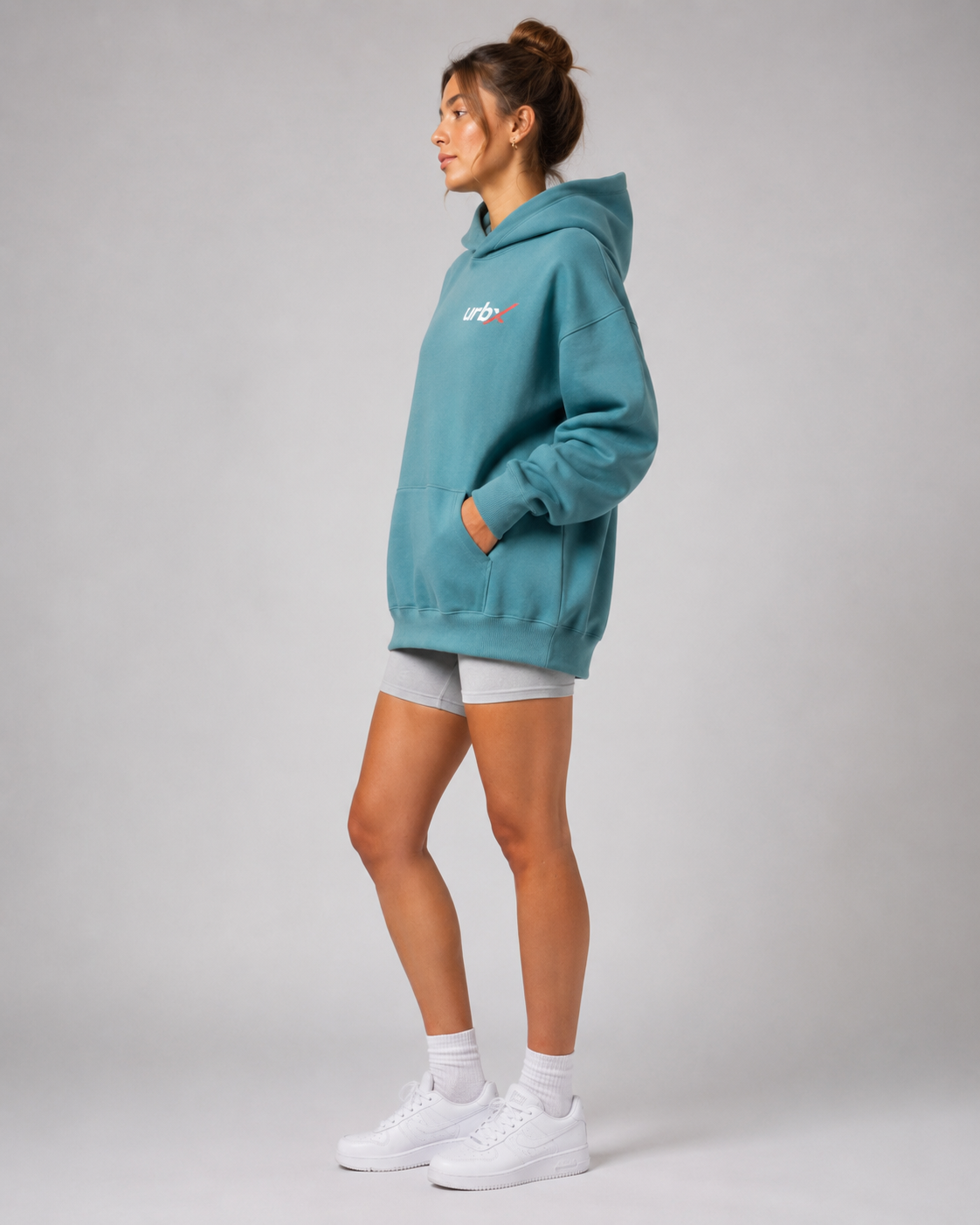 URBX Oversized Hoodie Teal - Side profile full body