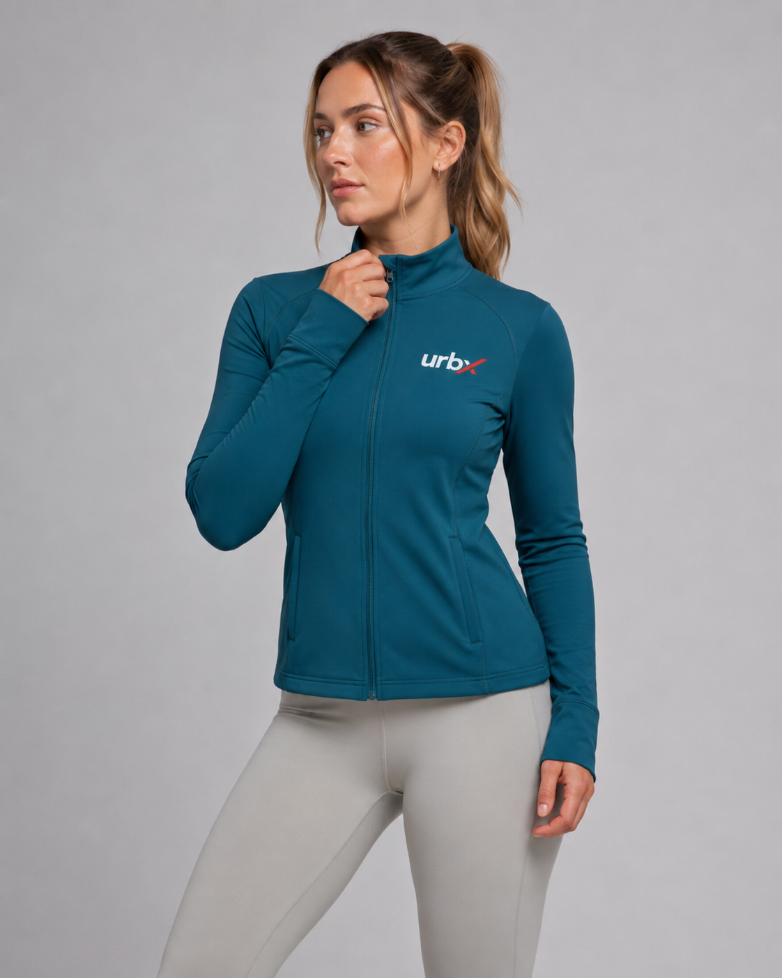URBX Women Pro Full-Zip Jacket Teal - Close Up Three Quarter View